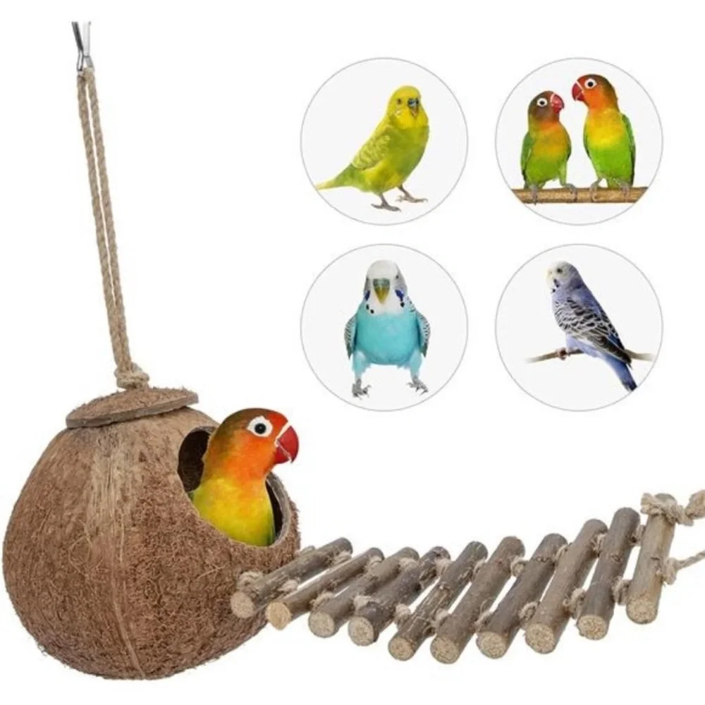 Natural Coconut Hideaway with Ladder,Bird and Small Animal Toy House with Ladder